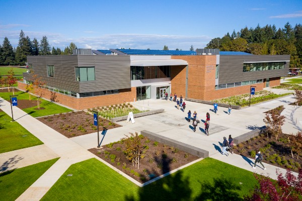 Wide shot of students entering the Holden Industrial Technology Department